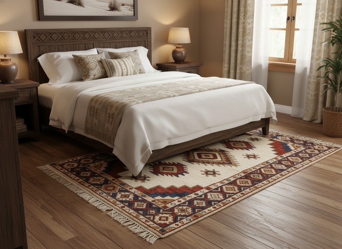 Дизайнерский ковер в этническом стиле с геометрическим орнаментом и бахромой