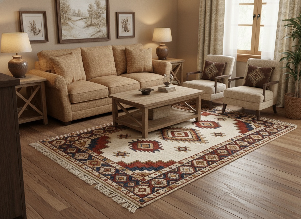 Дизайнерский ковер в этническом стиле с геометрическим орнаментом и бахромой