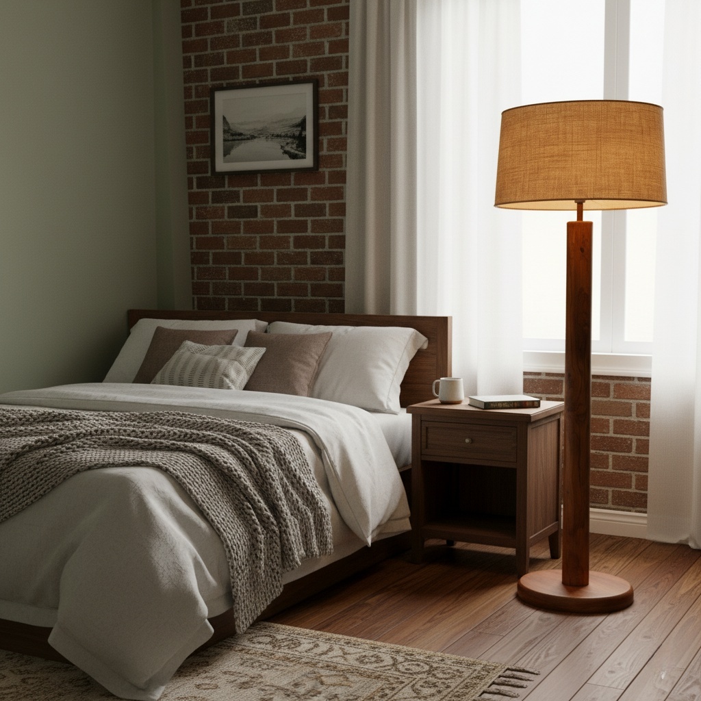 Напольный торшер из массива дерева с текстильным абажуром «Natura»