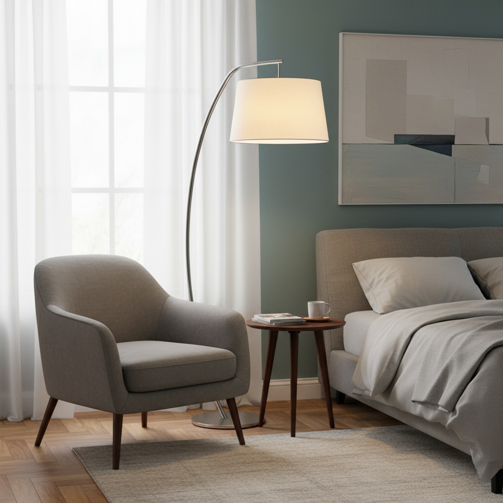 Элегантный арочный торшер с тканевым абажуром — Металл, Скандинавский стиль, Высота 150 см