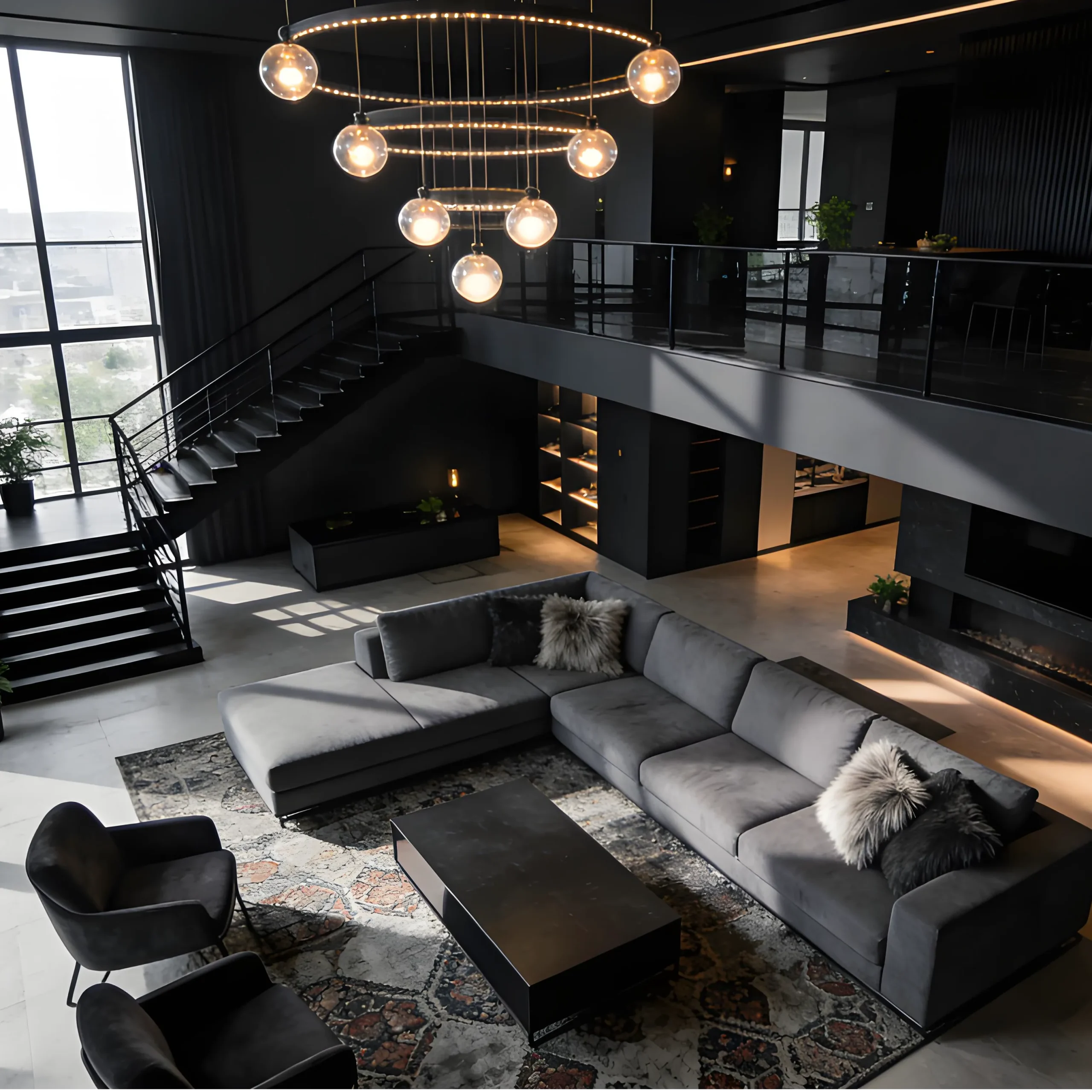 Темная сдержанная роскошь в двухуровневой квартире | Проект мебели по индивидуальному заказу