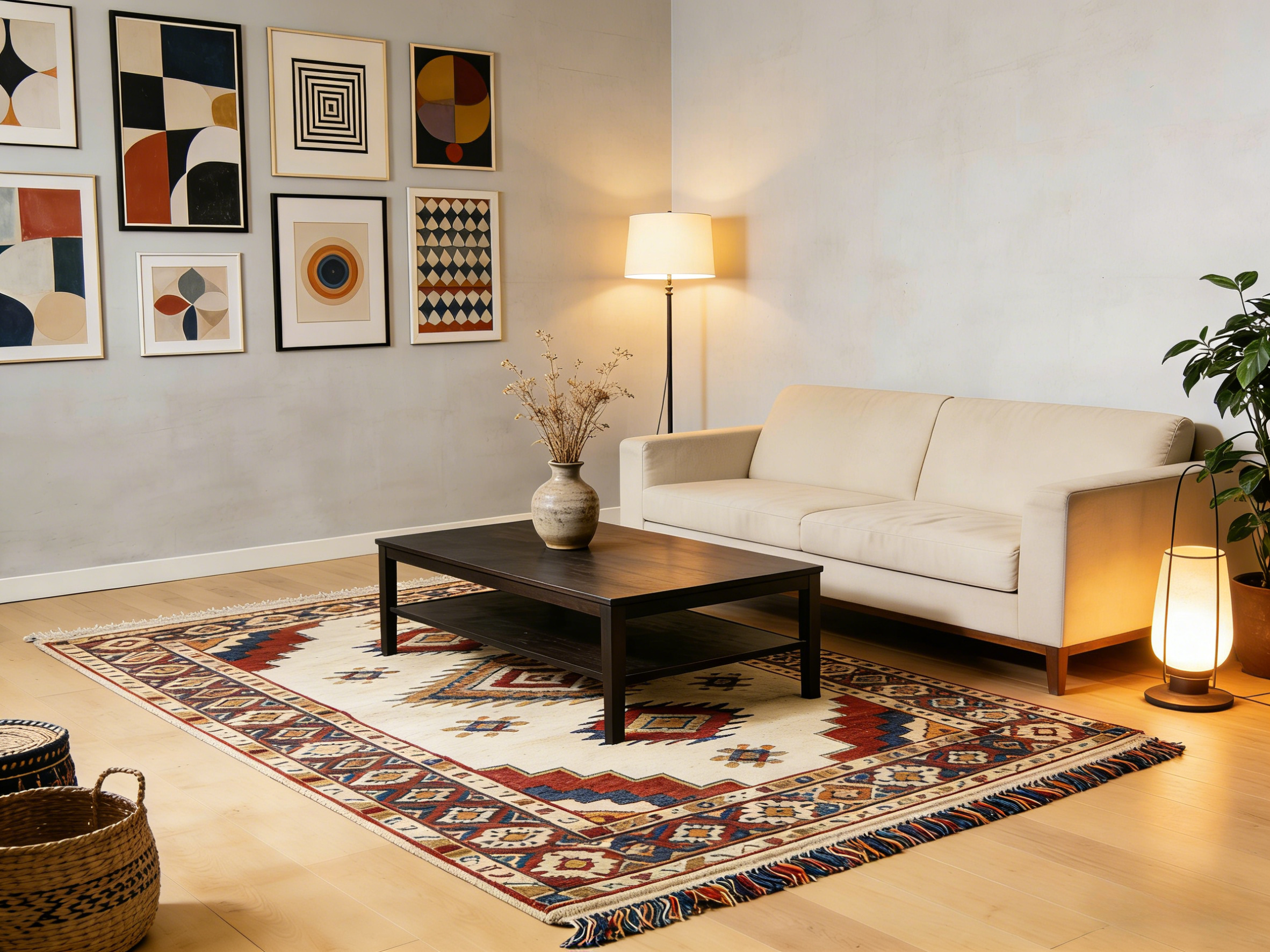 Дизайнерский ковер в этническом стиле с геометрическим орнаментом и бахромой