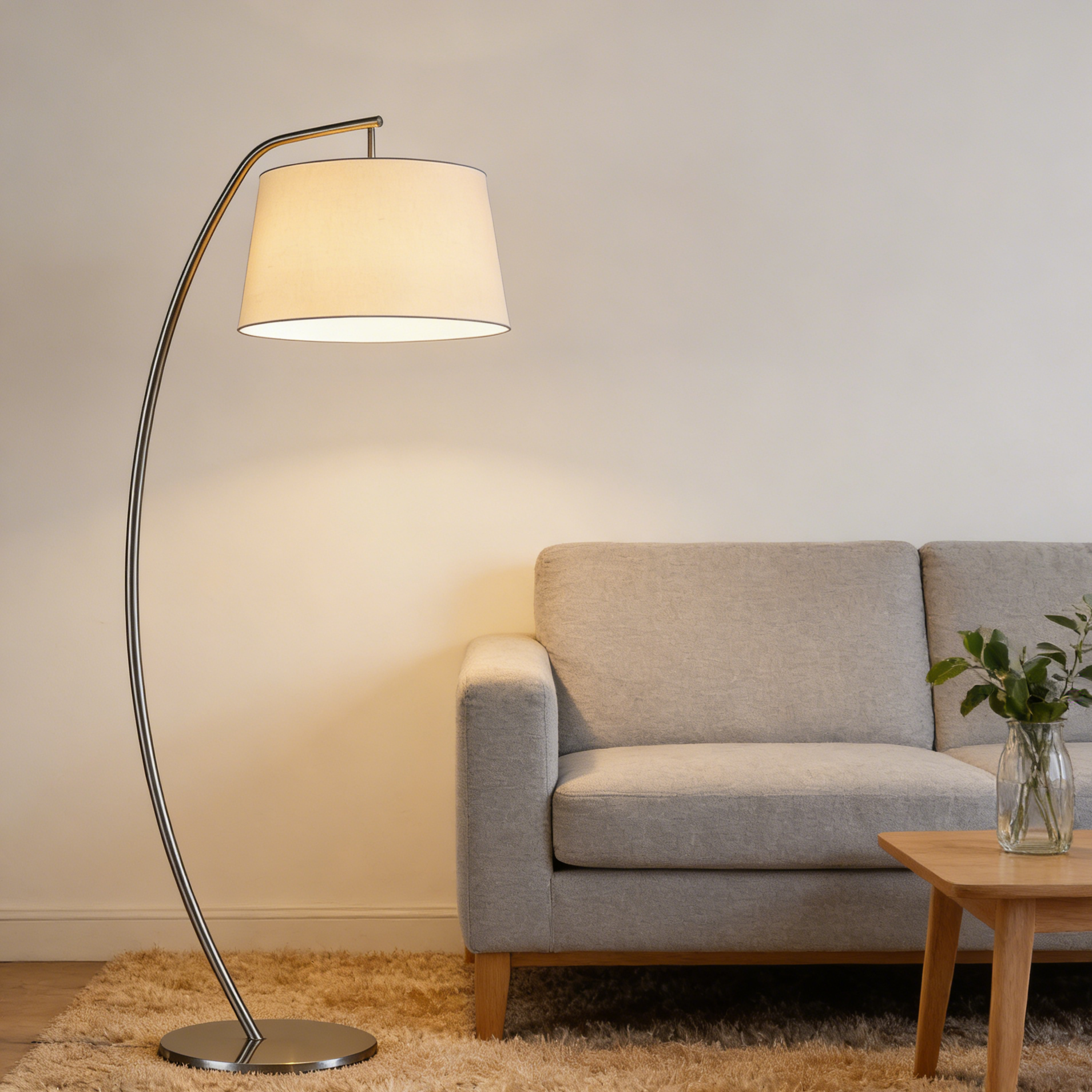 Элегантный арочный торшер с тканевым абажуром — Металл, Скандинавский стиль, Высота 150 см