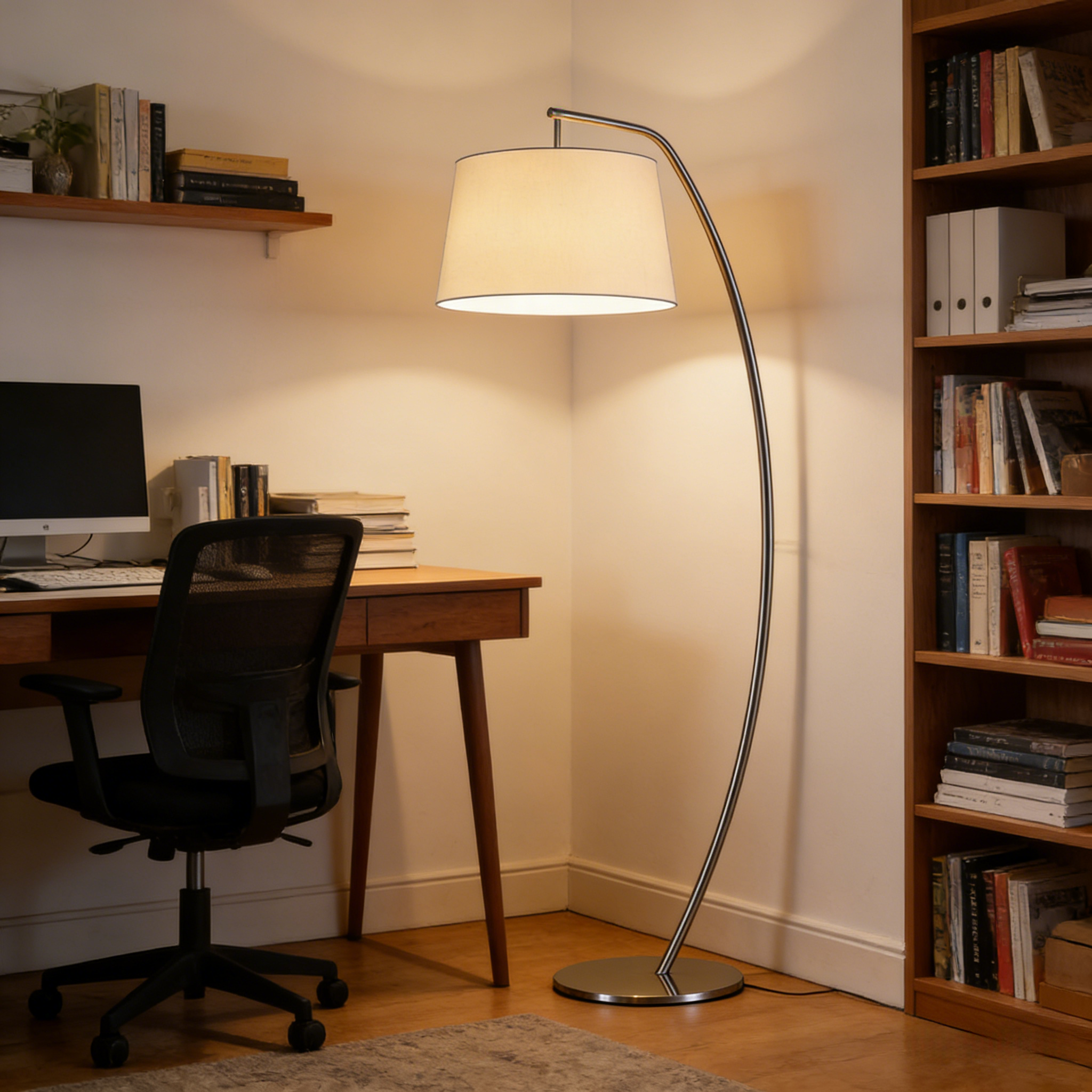 Элегантный арочный торшер с тканевым абажуром — Металл, Скандинавский стиль, Высота 150 см