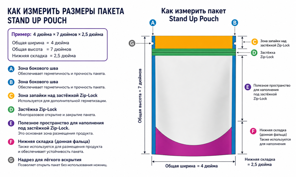Как правильно измерять размеры Пакетов дой-пак с плоским дном и печатью
