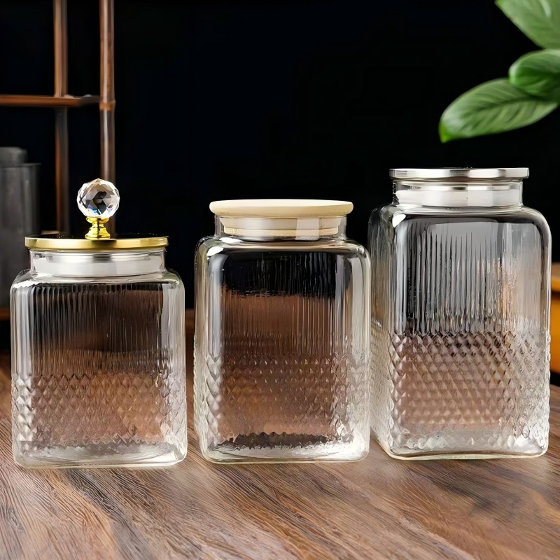 Банка для хранения из высокопрочного боросиликатного стекла с рельефным рисунком