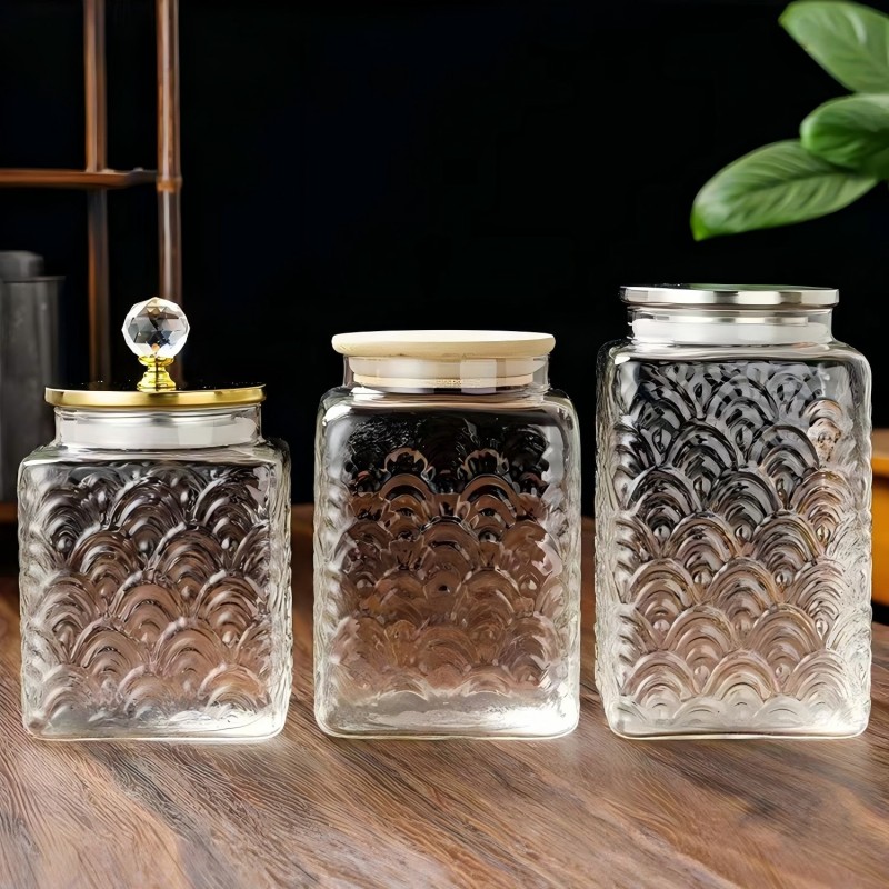 Банка для хранения из высокопрочного боросиликатного стекла с рельефным рисунком