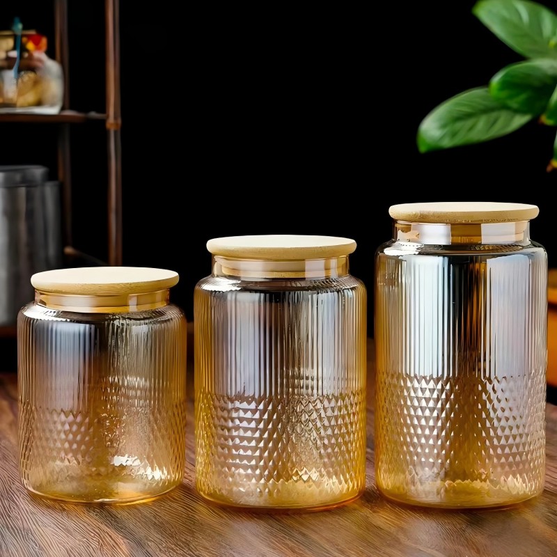 Контейнер для хранения из высокопрочного боросиликатного стекла янтарного цвета с вертикальными полосами