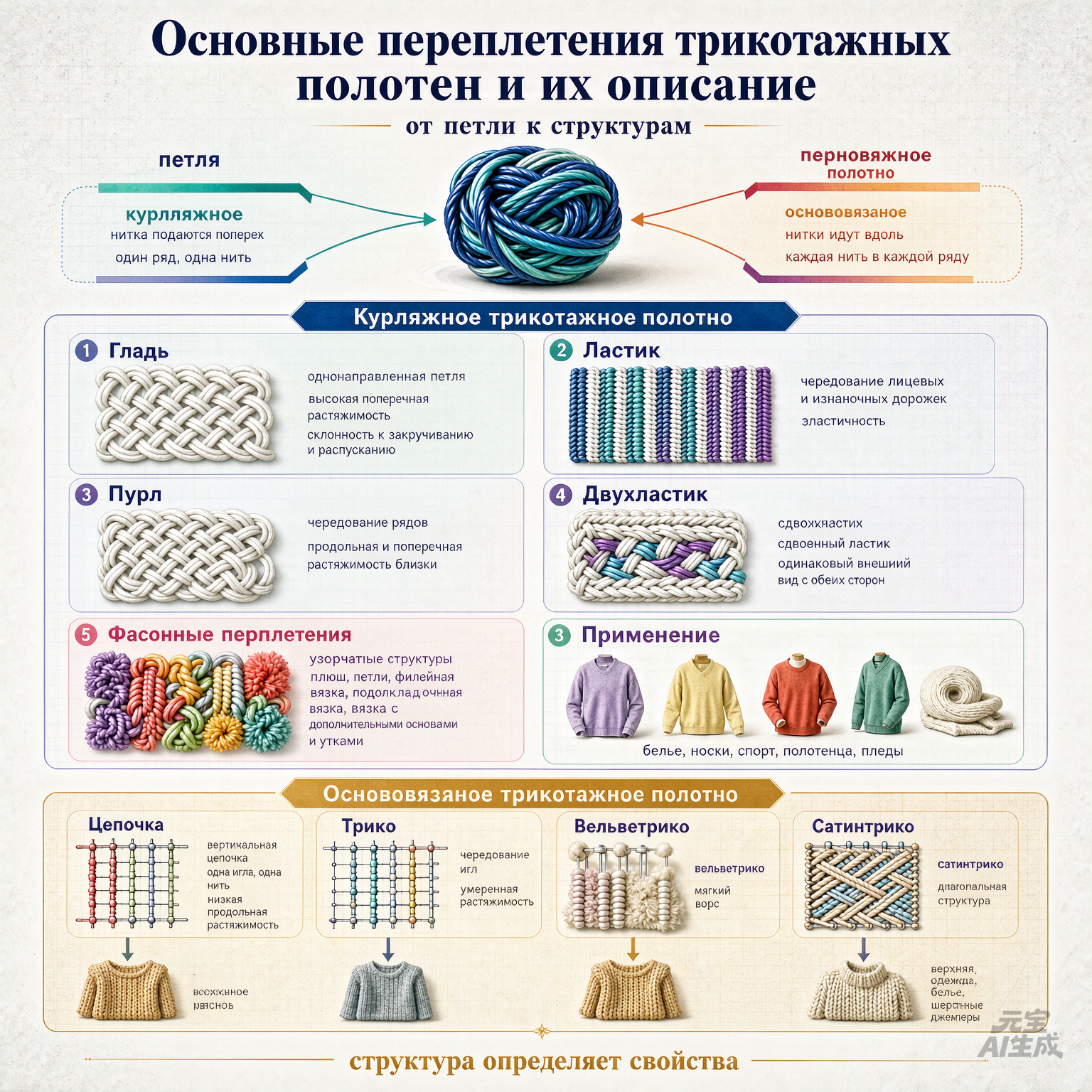 Основные переплетения трикотажных полотен и их описание