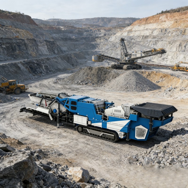 Гусеничная мобильная щековая дробилка и конусный грохот в сборе