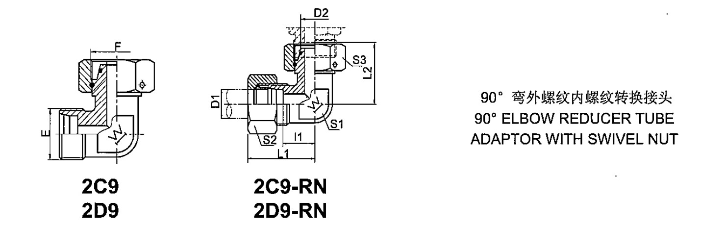 2C9,2D9 – Угловой переходник 90° с внешней и внутренней резьбой с поворотной гайкой (1)