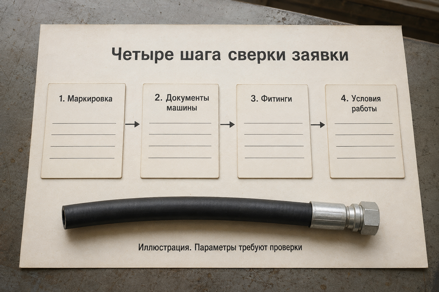 Схема сверки маркировки, документации, фитинга и условий работы рукава