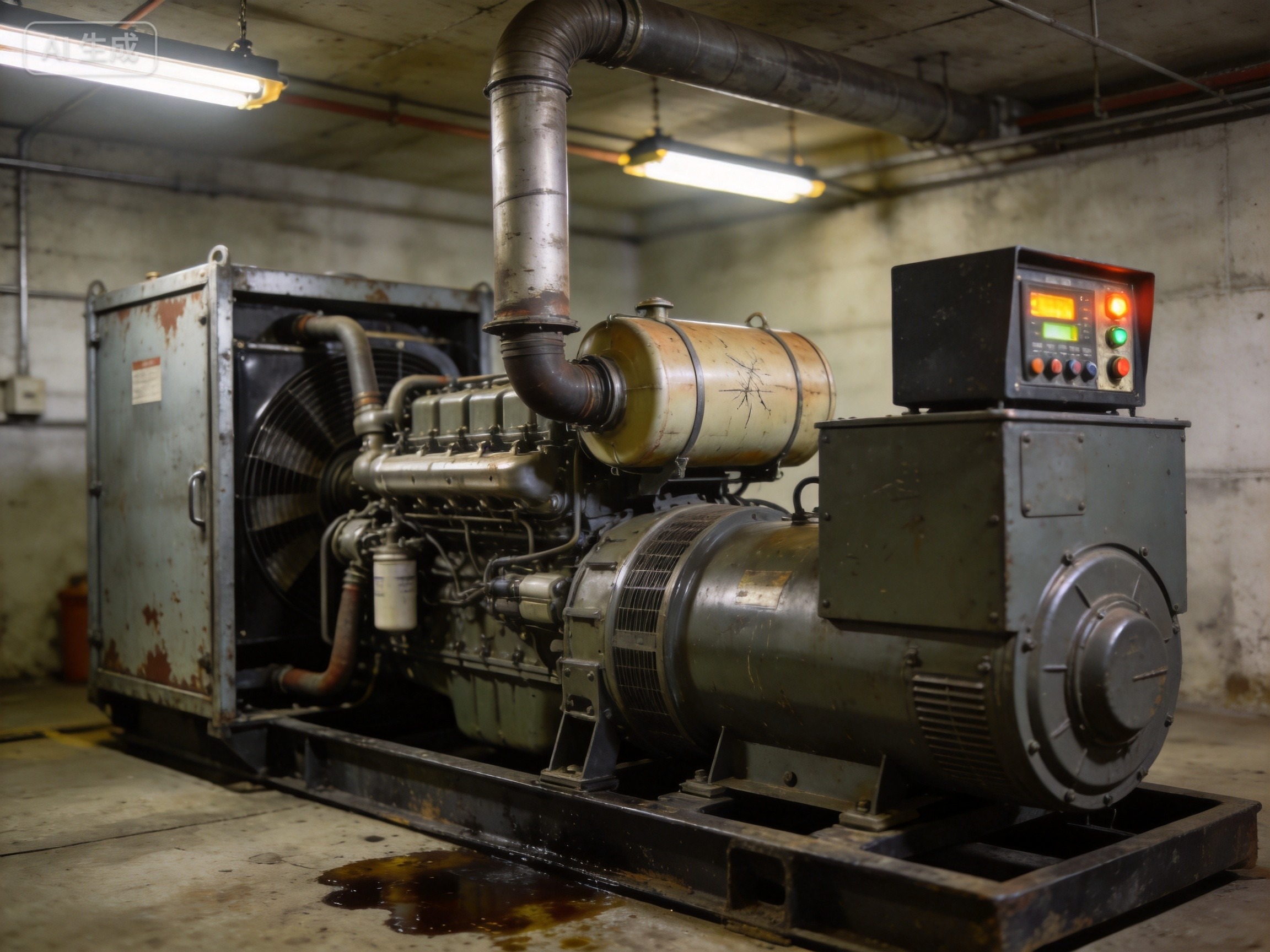 Aging diesel standby generator with an oil leak in a basement plant room, its control panel showing warning lights