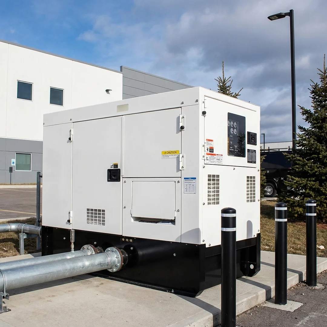 White enclosed CNG and LPG gas generator system installed beside commercial facility