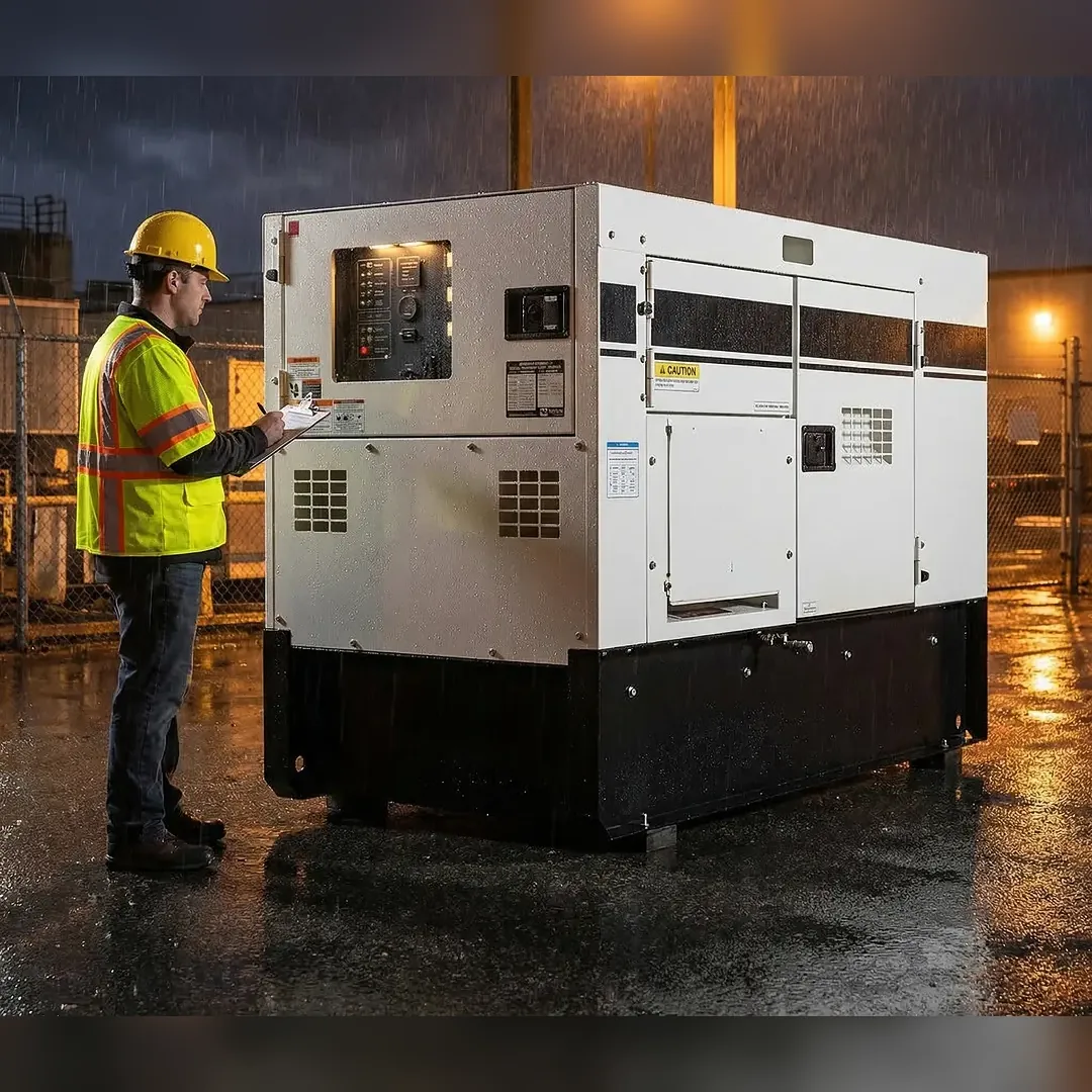 Technician inspecting enclosed EPA emergency standby diesel generator in rainy conditions