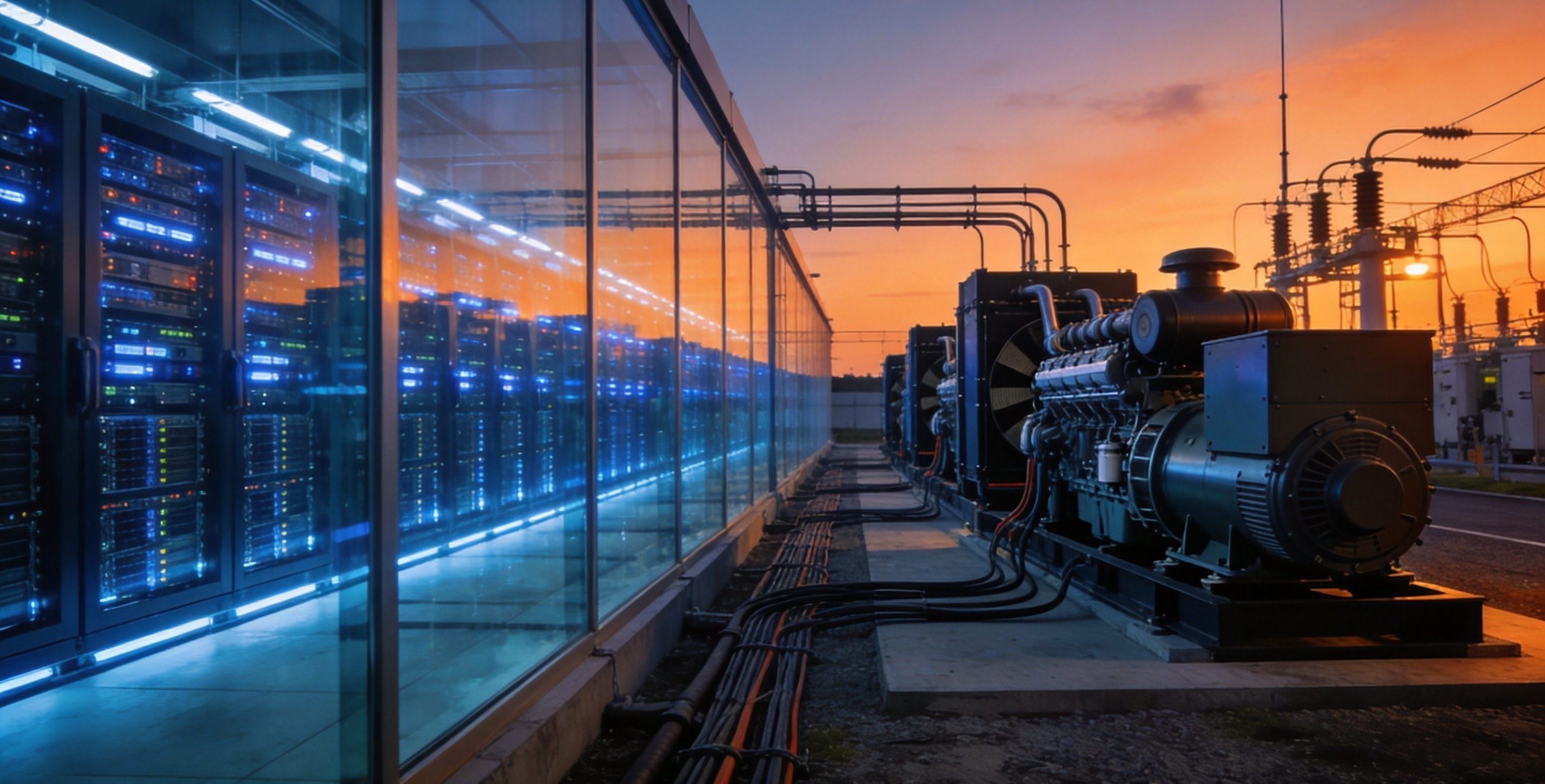 Data center server hall behind a glass wall with a row of standby diesel generators outside at dusk