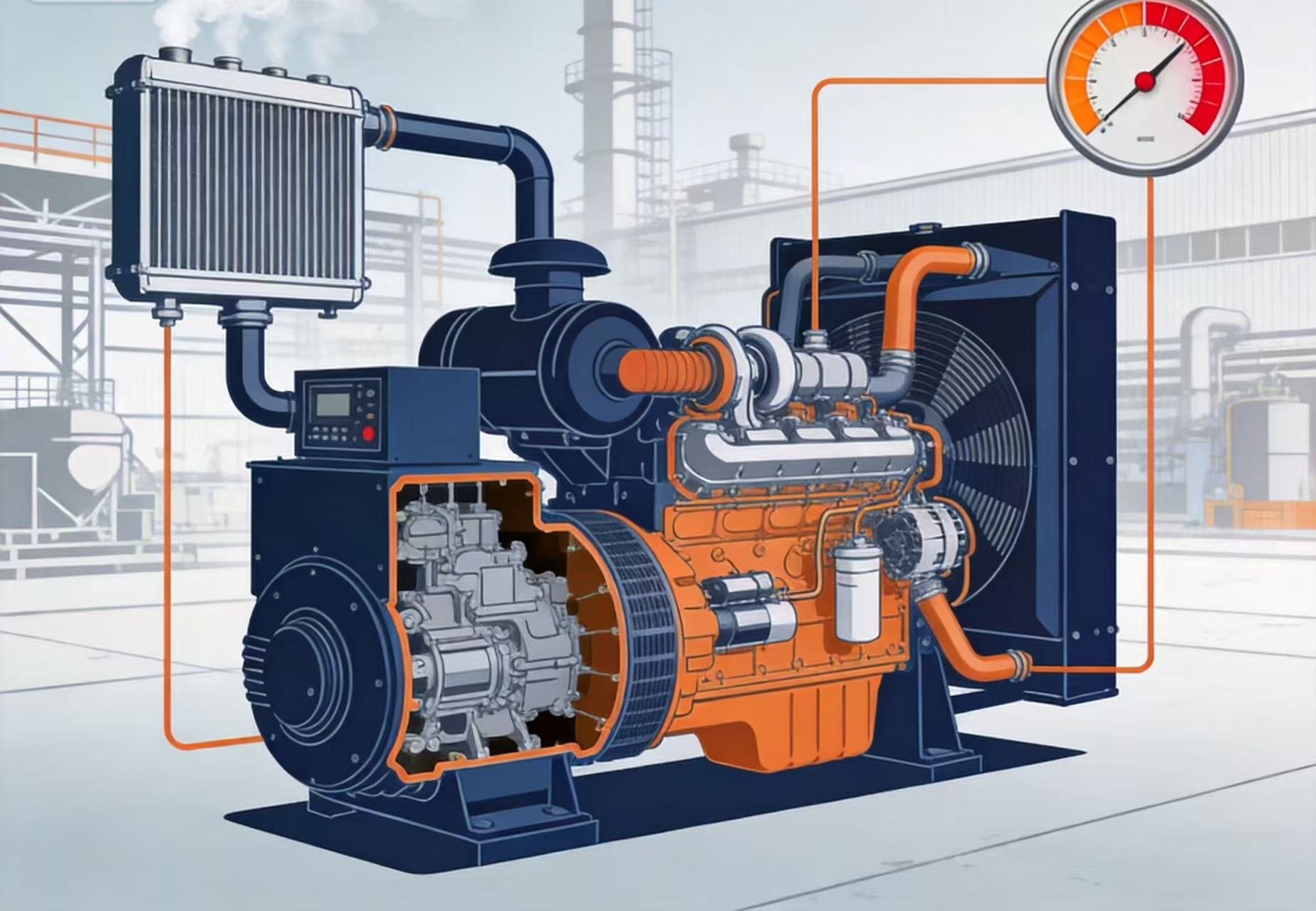 Cutaway illustration of a diesel generator cooling system with radiator and fan, and a temperature gauge in the red overheating zone