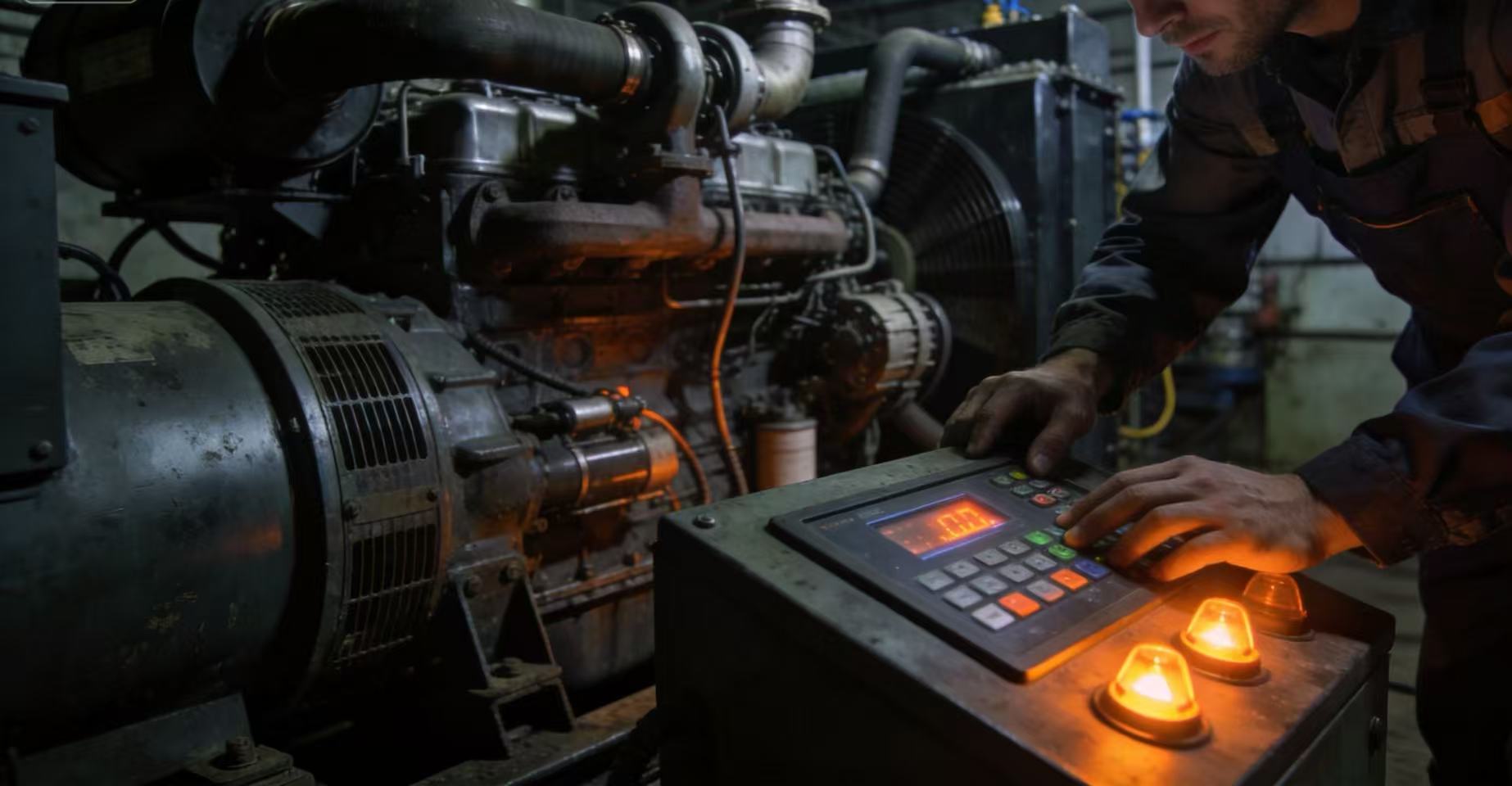 Technician troubleshooting a diesel generator at night using the unit's control panel