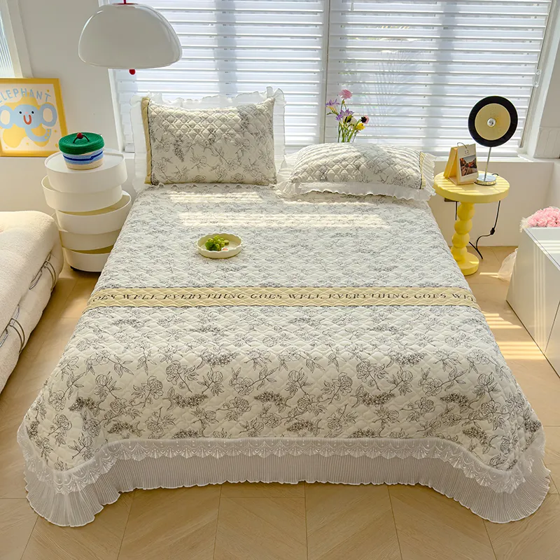 Покрывало из 100% хлопка / Стеганое покрывало из чистого хлопка / Покрывало «Татами» с европейской кружевной отделкой – реактивное окрашивание для стойкости цвета – комфортное домашнее постельное белье