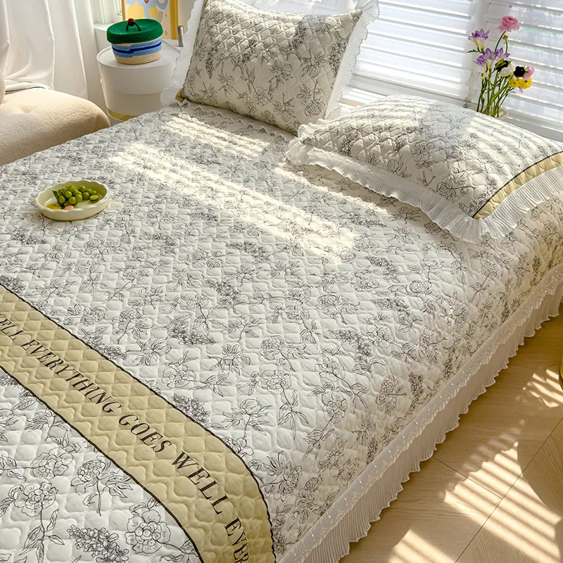 Простыня из 100% хлопка / Стеганая простыня из чистого хлопка / Простыня «Татами» с европейской кружевной отделкой – реактивное окрашивание для стойкости цвета – комфортное домашнее постельное белье