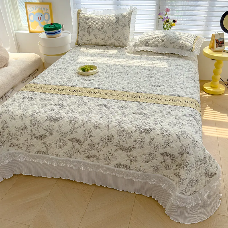 Простыня из 100% хлопка / Стеганая простыня из чистого хлопка / Простыня «Татами» с европейской кружевной отделкой – реактивное окрашивание для стойкости цвета – комфортное домашнее постельное белье