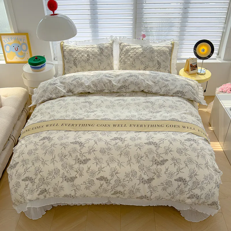 Простыня из 100% хлопка / Стеганая простыня из чистого хлопка / Простыня «Татами» с европейской кружевной отделкой – реактивное окрашивание для стойкости цвета – комфортное домашнее постельное белье