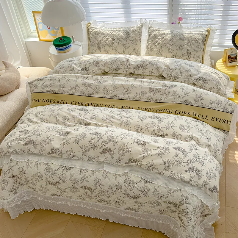 Простыня из 100% хлопка / Стеганая простыня из чистого хлопка / Простыня «Татами» с европейской кружевной отделкой – реактивное окрашивание для стойкости цвета – комфортное домашнее постельное белье