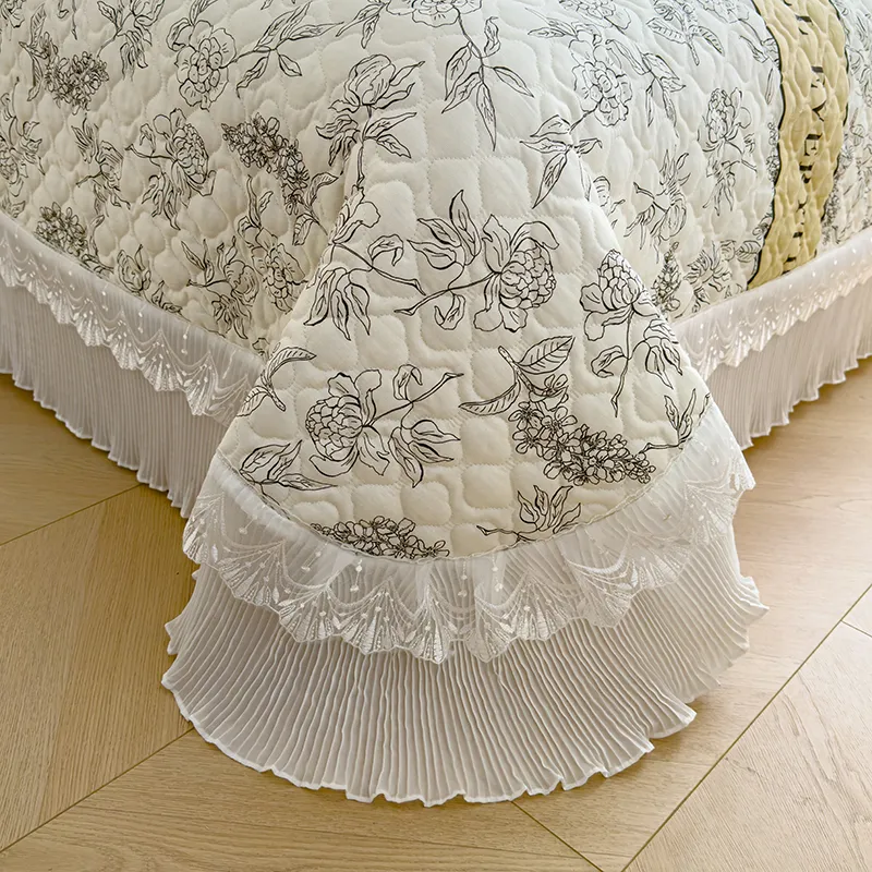 Простыня из 100% хлопка / Стеганая простыня из чистого хлопка / Простыня «Татами» с европейской кружевной отделкой – реактивное окрашивание для стойкости цвета – комфортное домашнее постельное белье