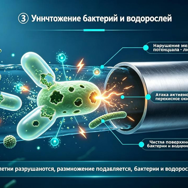 Стерилизует и уничтожает водоросли (подавляет/нарушает жизнедеятельность организма).