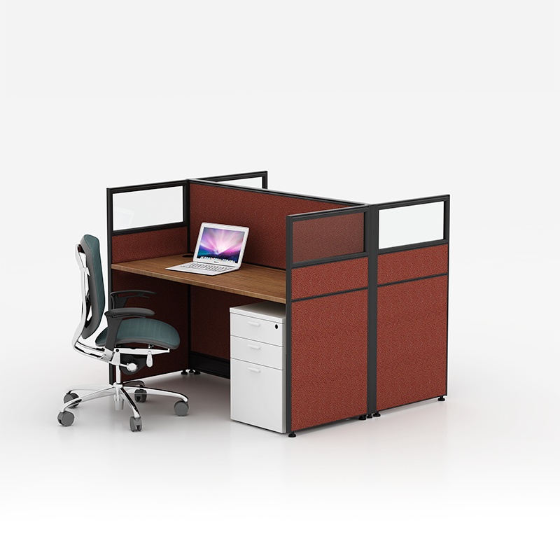Двухместный рабочий стол для сотрудников с синей тканевой поверхностью и противоположным экранным столом