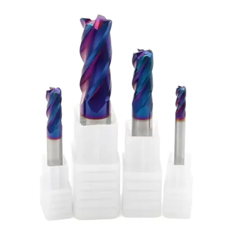 Высокостабильная 4-зубая концевая фреза HRC65 с синим нанопокрытием и радиусным углом для резки высокотвердой стали