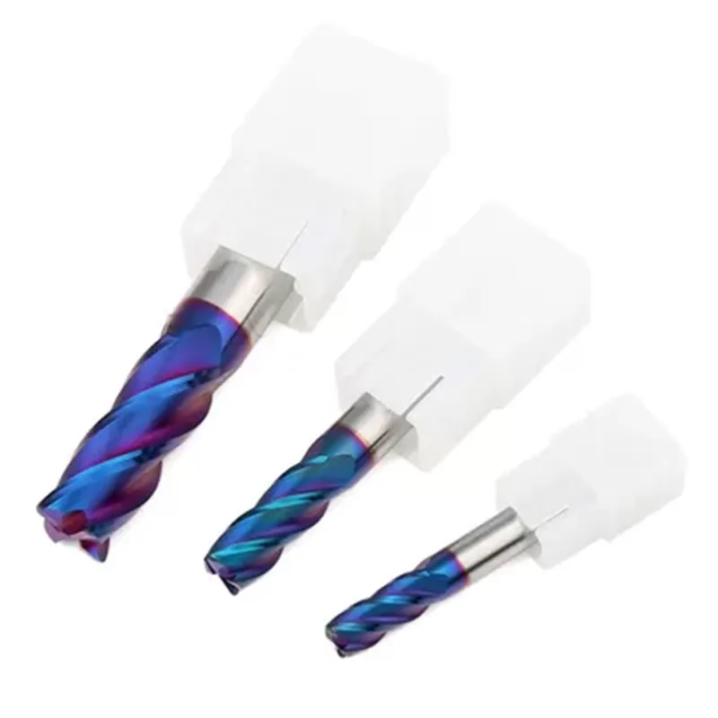 Высокостабильная 4-зубая концевая фреза HRC65 с синим нанопокрытием и радиусным углом для резки высокотвердой стали