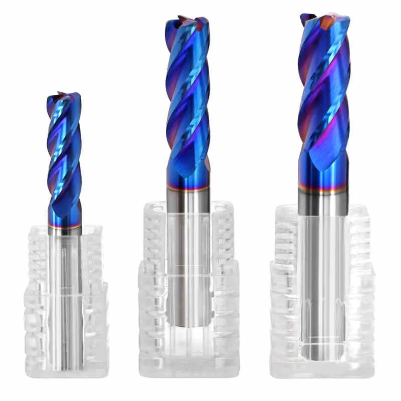 Высокостабильная 4-зубая концевая фреза HRC65 с синим нанопокрытием и радиусным углом для резки высокотвердой стали