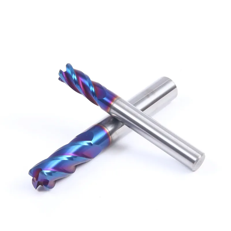 Высокостабильная 4-зубая концевая фреза HRC65 с синим нанопокрытием и радиусным углом для резки высокотвердой стали