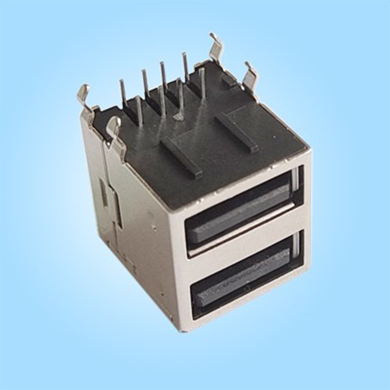 2×1, двухпортовый, горизонтальный, с этажным расположением, USB2.0, экранирующий корпус из SPCC, чёрный пластиковый корпус, пайка волной в отверстия