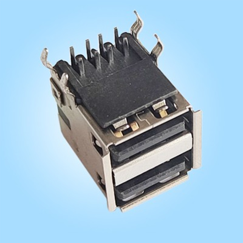2×1, с этажным расположением, горизонтальный, двухпортовый, USB2.0, экранирующий корпус из SPCC, чёрный пластиковый корпус, пайка волной в отверстия