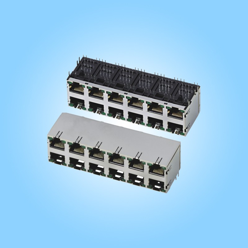 2×6 Пустой RJ45, с экранирующим кожухом, с индикацией, пайка волной в отверстия