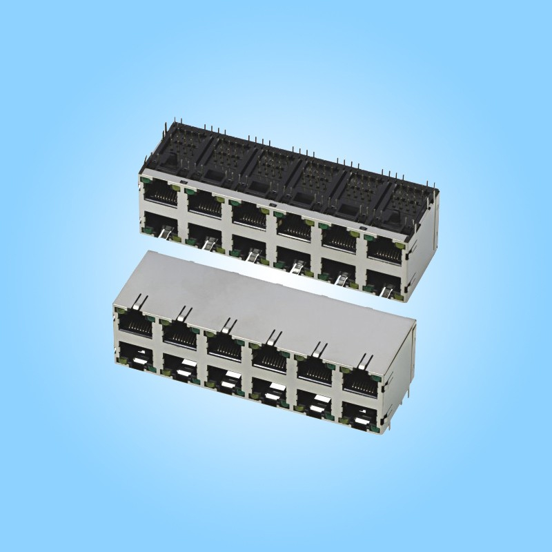 2×6 Пустой RJ45, с экранирующим кожухом, с индикацией, пайка волной в отверстия
