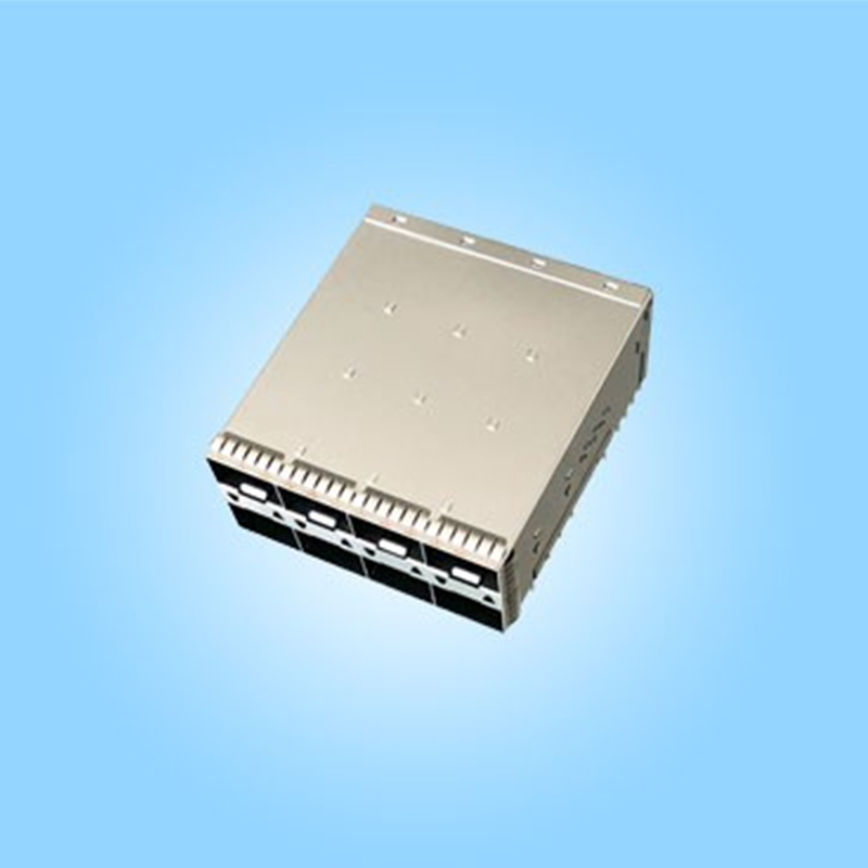 SFP28 Кейдж в сборе с интегрированным коннектором, скорость 28 Гбит/с, 2×4, стековый, с пресс-фит монтажом, со световодом