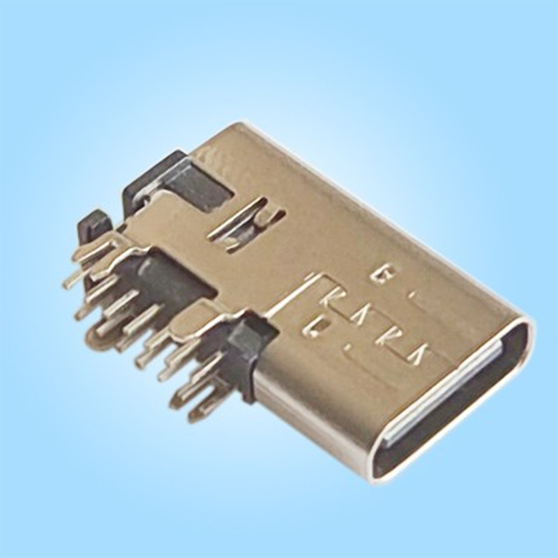 Однопортовый, боковой вертикальный, 14PIN, Type-C, корпус из нержавеющей стали, чёрный пластиковый корпус, пайка волной в отверстия