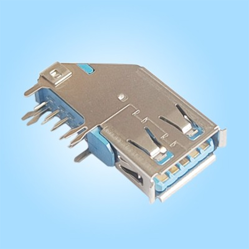 Однопортовый, боковой вертикальный, USB3.0, экранирующий корпус из нержавеющей стали, синий пластиковый корпус, пайка волной в отверстия