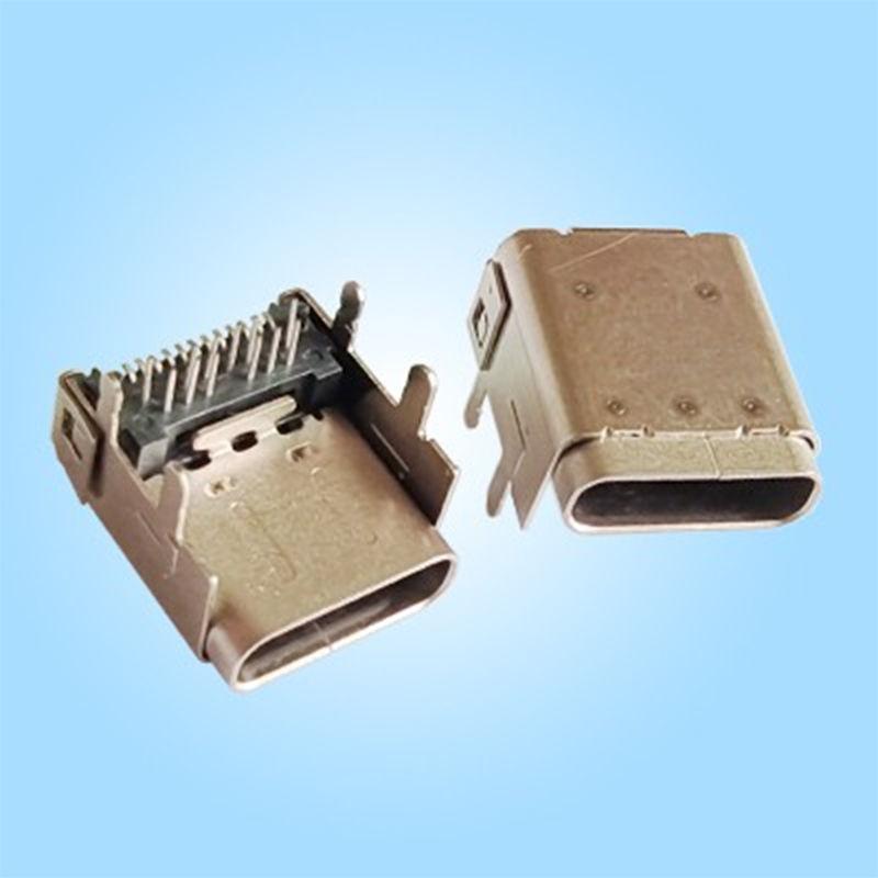 Однопортовый, горизонтальный, 24PIN, Type-C, корпус из нержавеющей стали, чёрный пластиковый корпус, пайка волной в отверстия