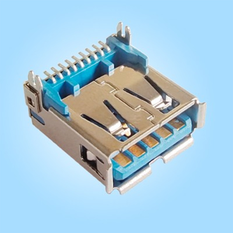 Однопортовый, горизонтальный, USB3.0, медный экранирующий корпус, синий пластиковый корпус, для поверхностного монтажа, пайка оплавлением