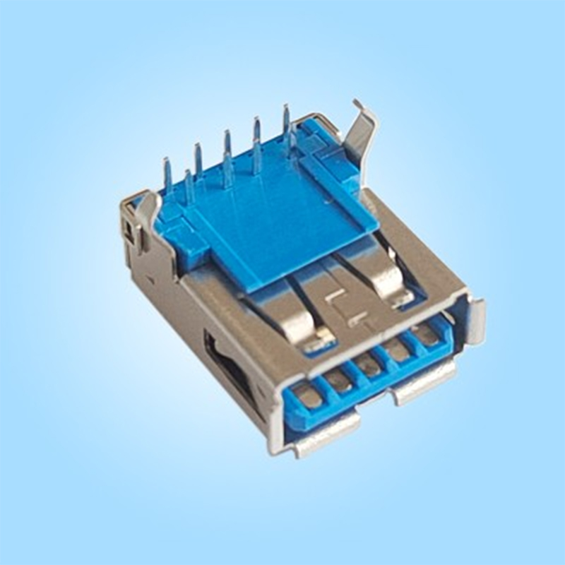 Однопортовый, горизонтальный, USB3.0, медный экранирующий корпус, синий пластиковый корпус, пайка волной в отверстия