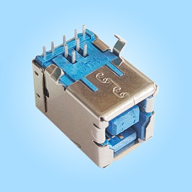 Однопортовый, горизонтальный, USB3.0, экранирующий корпус из нержавеющей стали, синий пластиковый корпус, пайка волной в отверстия