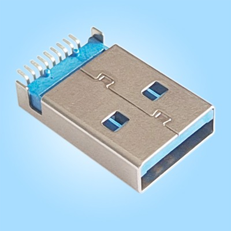 Однопортовый, горизонтальный, с утопленным монтажом, USB3.0, штыревой, экранирующий корпус из SPCC, синий пластиковый корпус, для поверхностного монтажа, пайка оплавлением