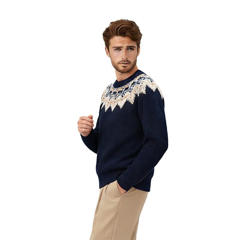 Вязаный свитер с круглым вырезом и жаккардовым узором Fair Isle темно-синего цвета, топ в скандинавском стиле ретро.