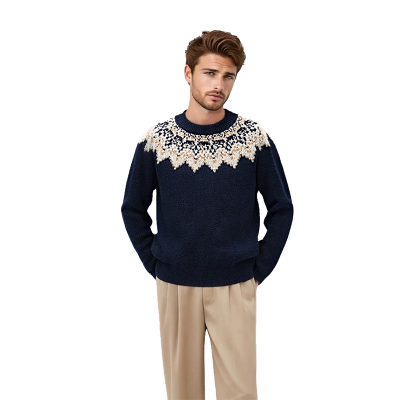 Вязаный свитер с круглым вырезом и жаккардовым узором Fair Isle темно-синего цвета, топ в скандинавском стиле ретро.