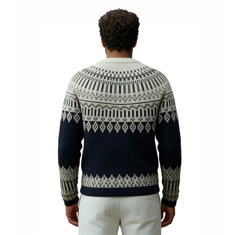 Вязаный свитер с круглым вырезом и жаккардовым узором Fair Isle темно-синего цвета, топ в скандинавском стиле ретро.