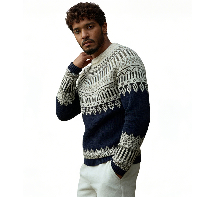 Вязаный свитер с круглым вырезом и жаккардовым узором Fair Isle темно-синего цвета, топ в скандинавском стиле ретро.